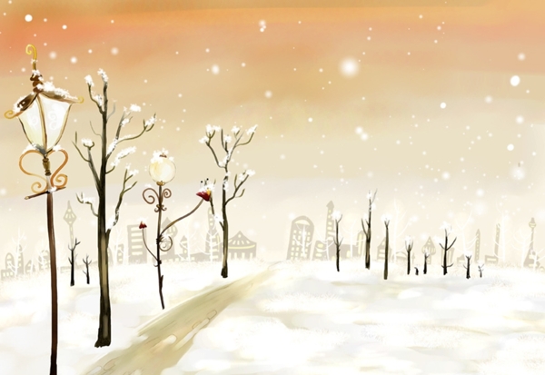 手绘梦幻城市郊外雪景风景插画图片
