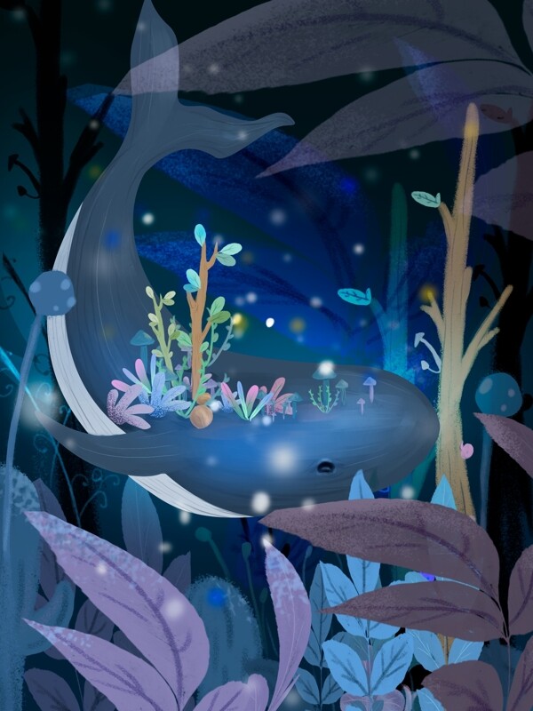 藍色夜晚植物風景插畫背景