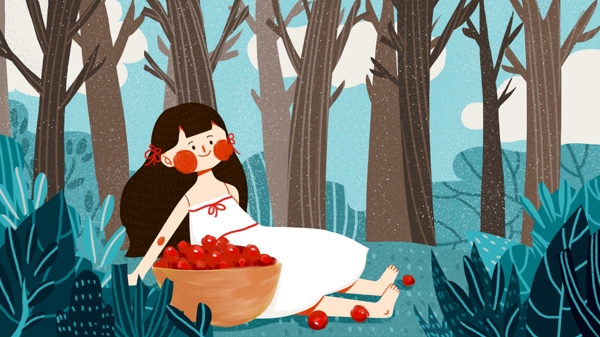 蓝色叶子果树小女孩采摘果实卡通背景