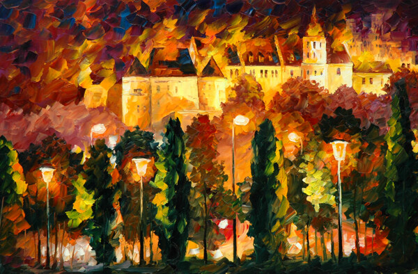 油画城堡夜景图片