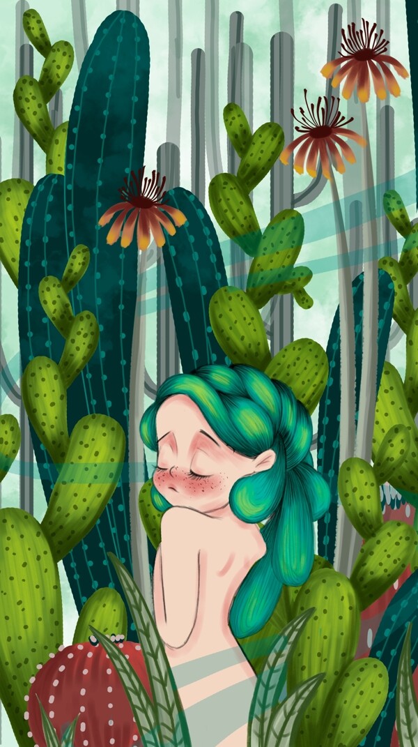 女孩植物仙人掌治愈系插画