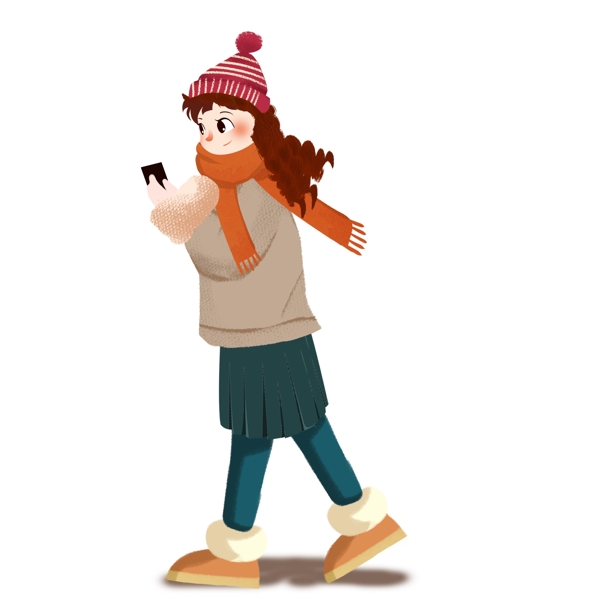 卡通手绘走路玩手机的女孩