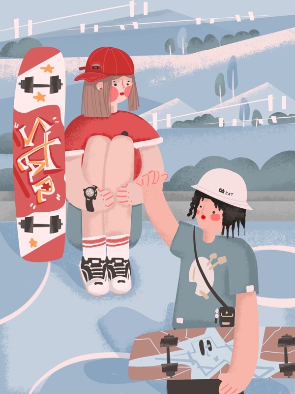 世界滑板日滑板少年小清新肌理插画