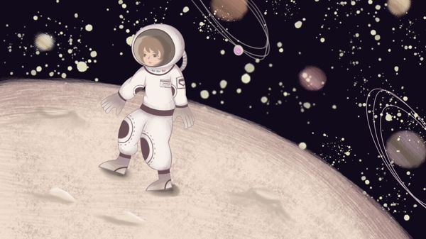 手绘人类登月太空旅行插画海报
