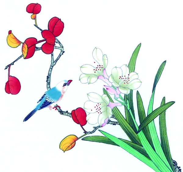 紅花與鳥國畫圖片