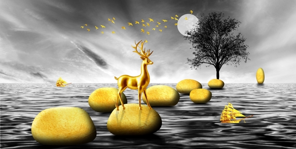 新中式金色石头大海麋鹿装饰画