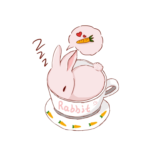手绘插画粉色小兔茶杯