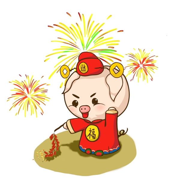 豬放煙花手繪卡通人物PNG素材
