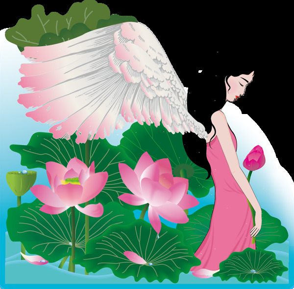 手绘人物天使少女翅膀荷花荷叶植物花卉元素