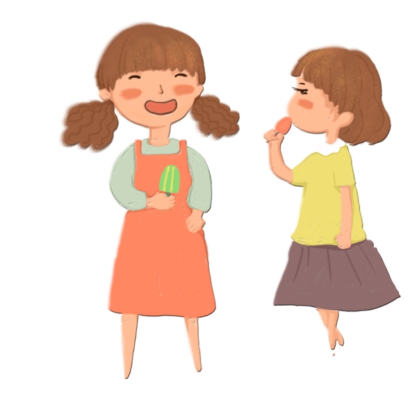 卡通可爱夏天吃冰激凌的两个女孩