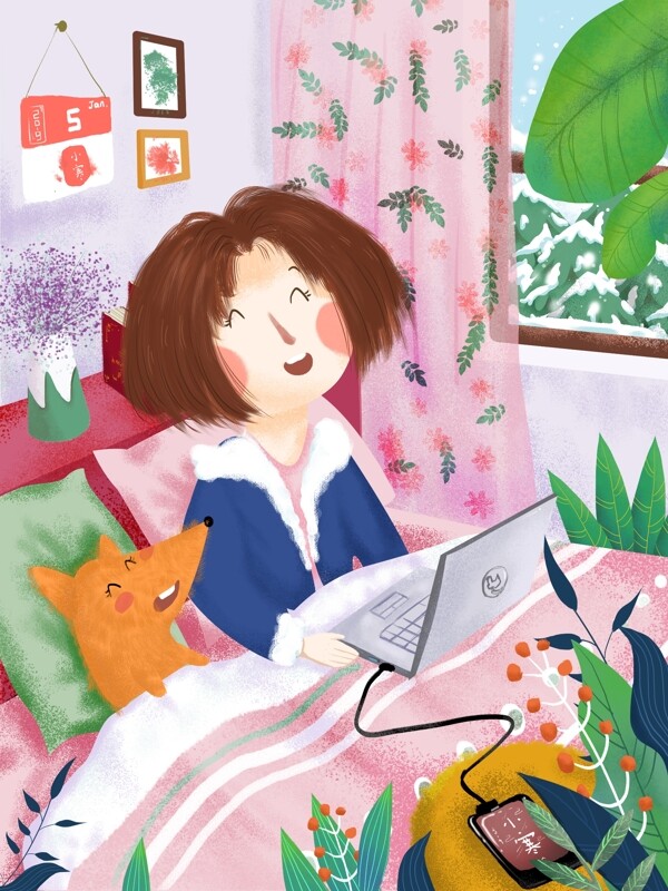 冬季肥宅女孩与小狐狸坐在床上看视频插画