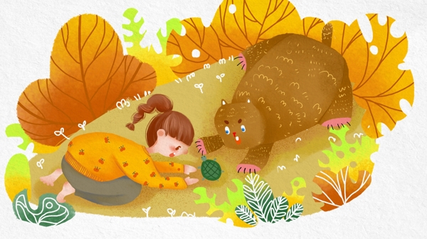 秋分秋天商业儿童插画女孩和小熊玩游戏