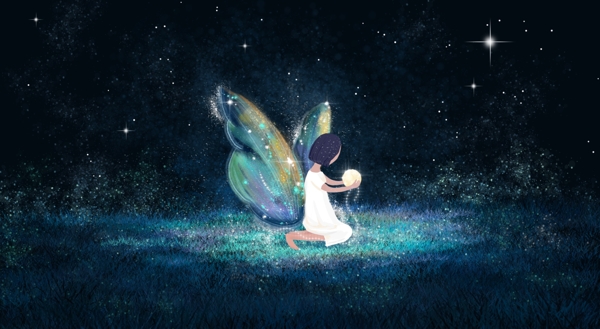 少女翅膀夜晚插画背景海报素材图片