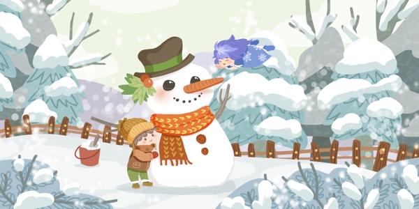 冬天你好之儿童雪人雪地遇到雪精灵