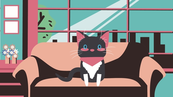 卡通可爱小黑猫咪沙发客厅矢量插画
