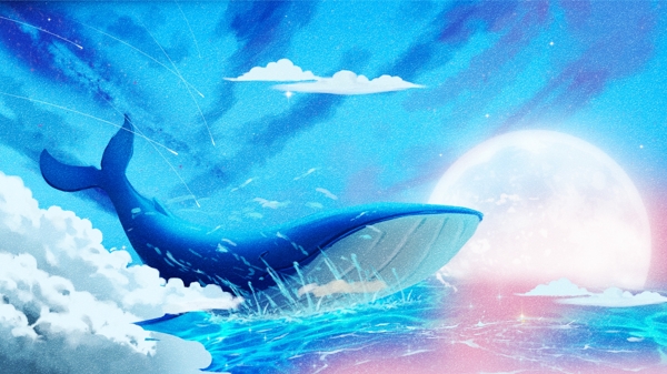 手绘唯美梦幻大海与鲸治愈系梦游仙境插画