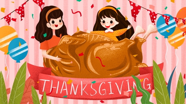 可爱感恩节美味火鸡美食插画