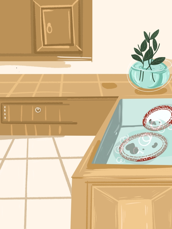 温馨手绘家居厨房插画背景设计