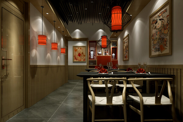 農(nóng)家院走廊散臺(tái)餐廳紅燈籠原木