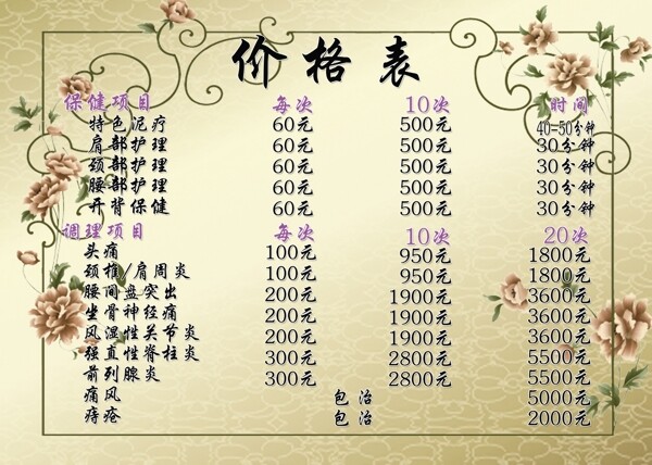 價(jià)格表圖片