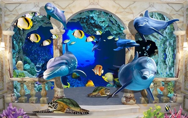 3D玉雕屏风海底世界背景墙
