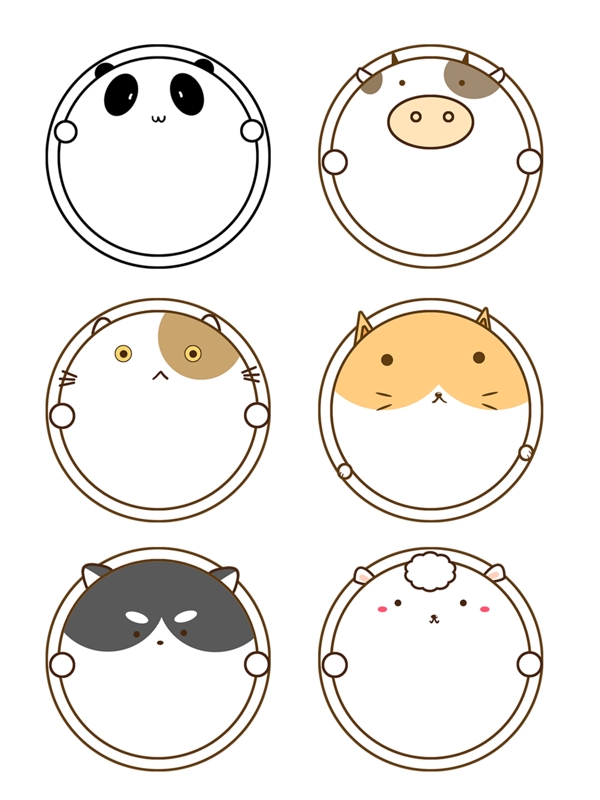 卡通可爱动物圆形熊猫牛猫咪哈士奇边框元素