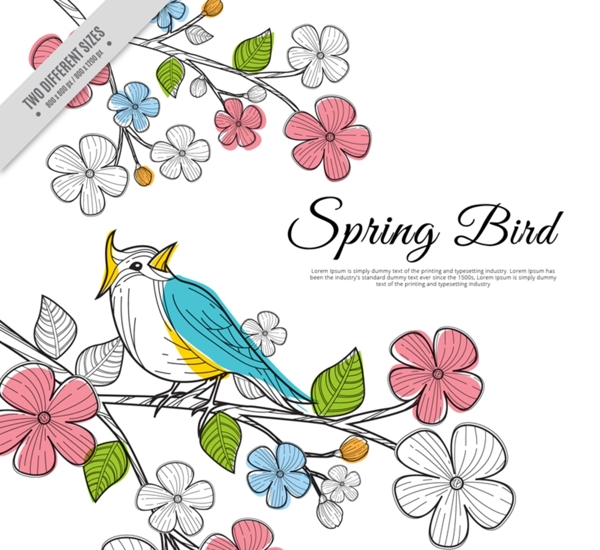 创意春季花枝上的彩色小鸟