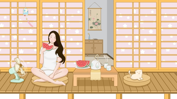 凉爽夏日吹风扇吃西瓜撸猫的惬意生活插画