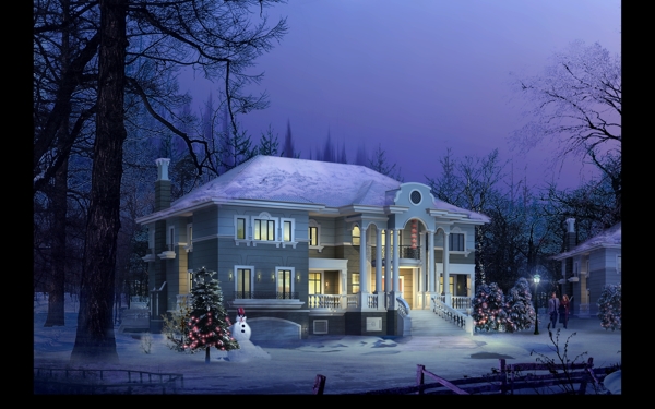 别墅雪景夜景圣诞冬季景观效果图分层psd源文件0008
