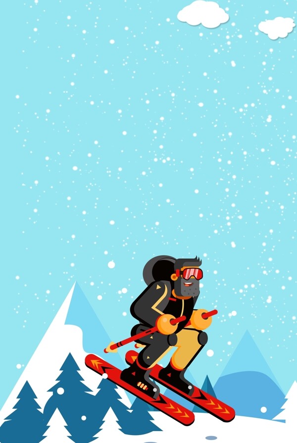 冬天男游客雪山滑雪