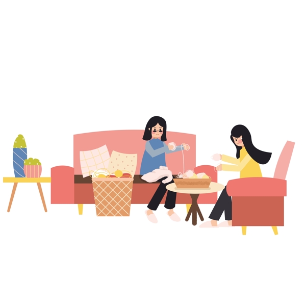 扁平化母女俩坐在沙发上织毛衣