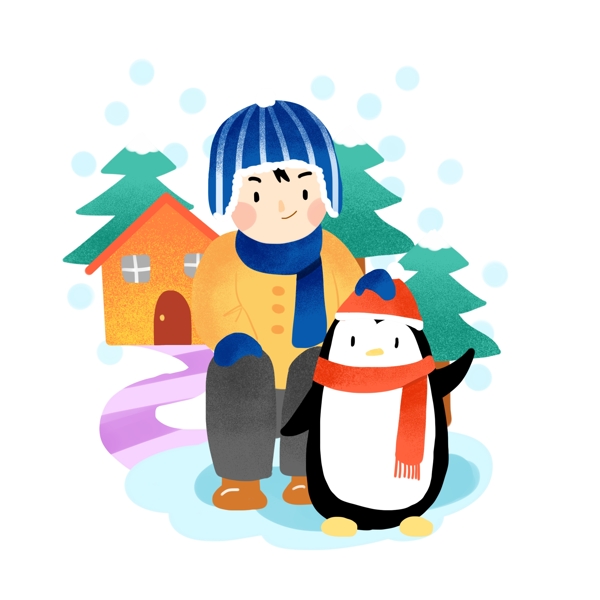 大寒人物和企鹅插画