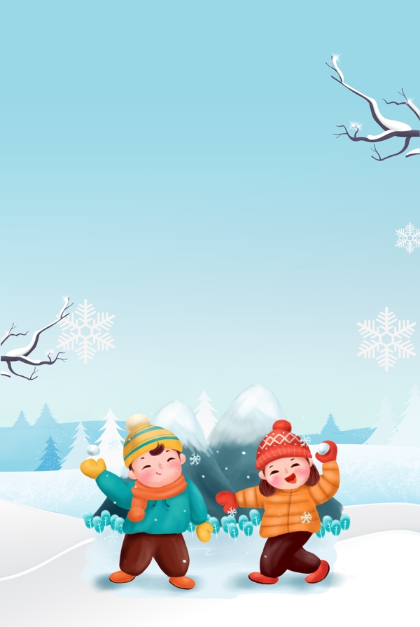 冬至日小孩在雪地里玩雪打雪仗雪景海报背景