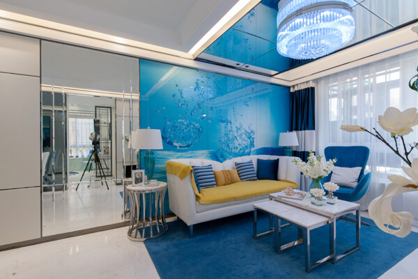 地中海蓝色调客厅效果图