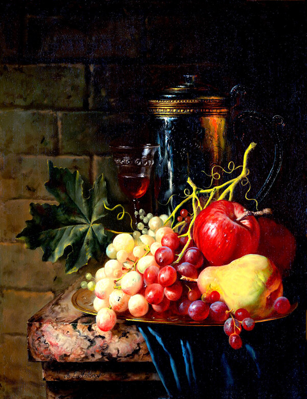 新鲜水果与葡萄酒静物油画图片
