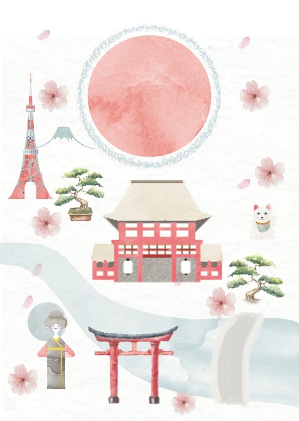 手绘可爱日本风景广告背景