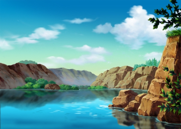 动画背景山湖水图片