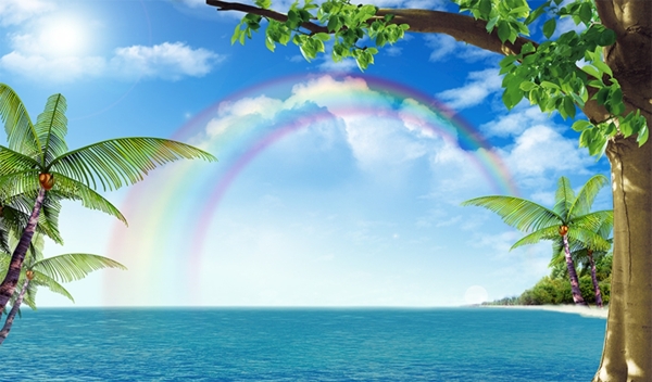 海边风景彩虹椰树背景墙