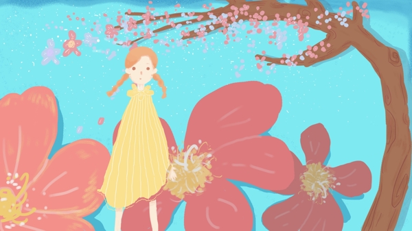 原創(chuàng)小清新樹下的女孩插畫