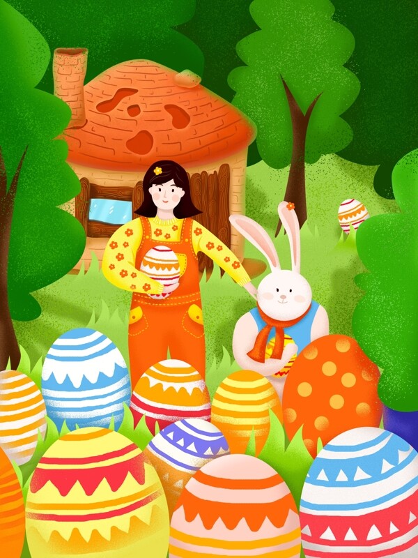 复活节兔子彩蛋女孩欢度派对复活节节日插画