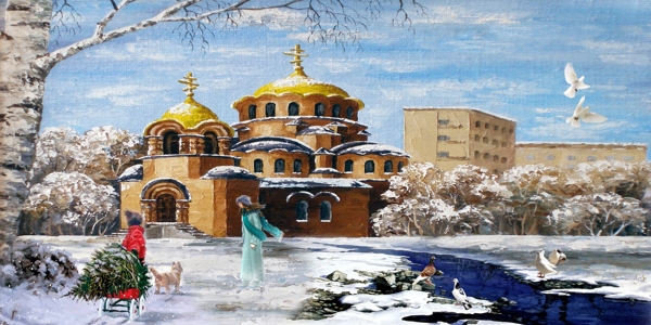 油画风景冬天的教堂图片