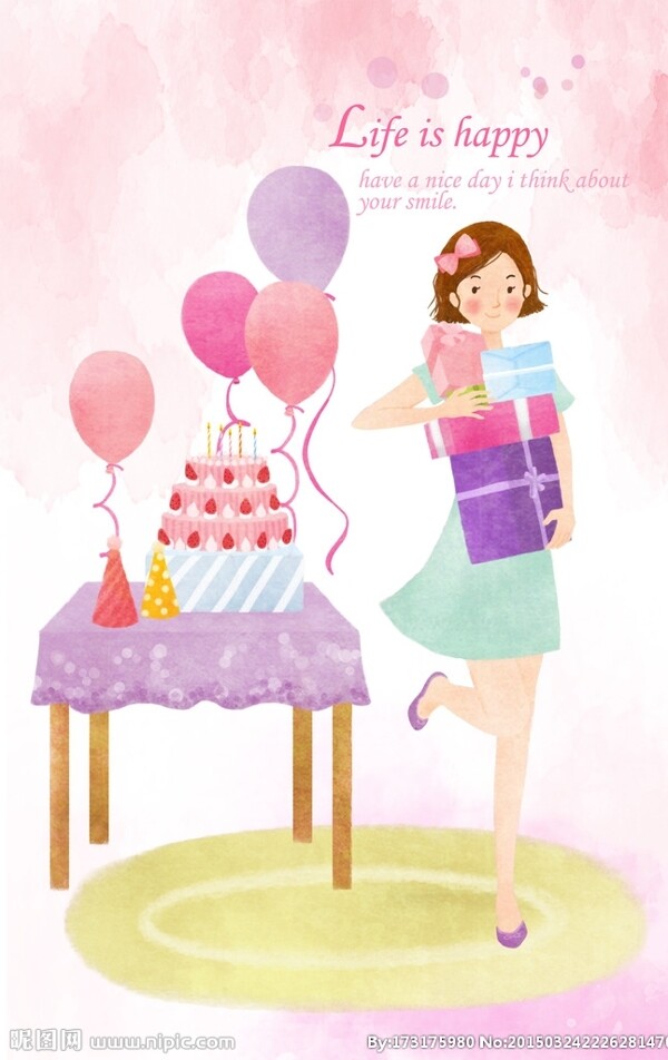 過生日收禮物的女孩插畫圖片