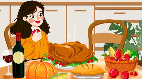 温馨感恩节火鸡节餐桌上丰盛食物插画