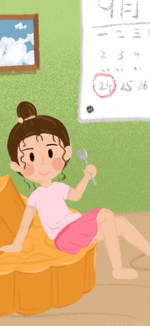 9月中秋节丸子头女孩与月饼插画