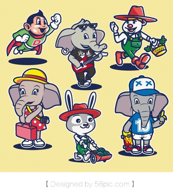 卡通人物卡通动物大象兔子阿童木匹诺曹原创手绘素材