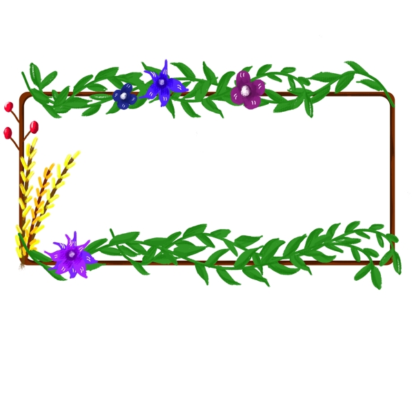 手绘绿色花环清新叶子植物长方形花环框