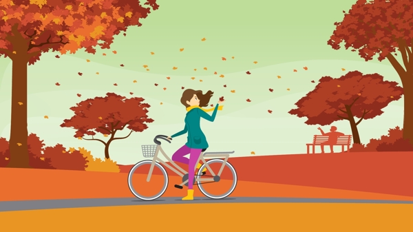 秋分公园里骑车女孩欣赏落叶矢量插画