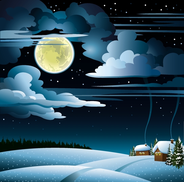 迷人的冬天的夜晚景观设计矢量图01