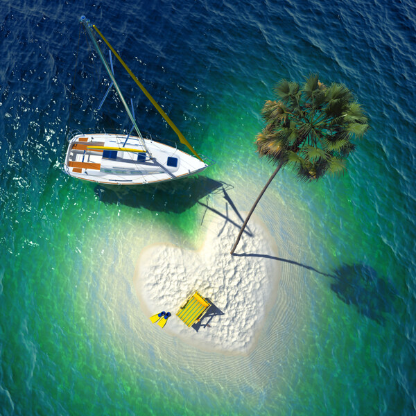 帆船与心形小岛风景图片