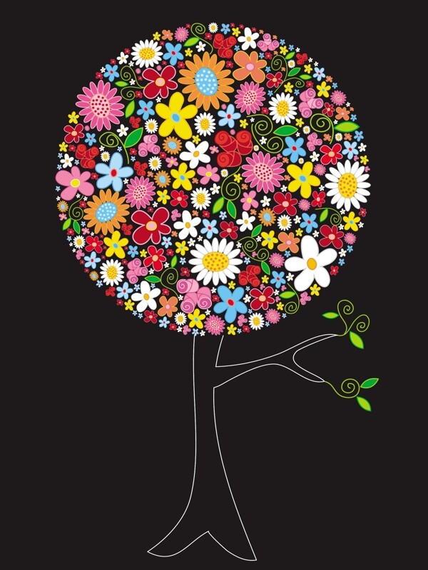 色彩花卉组成树木图案矢量图